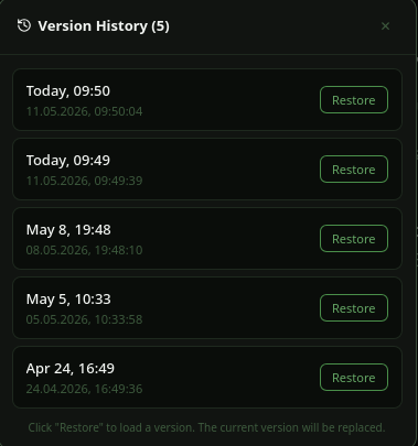 Mioru version history — 5 snapshots with restore buttons